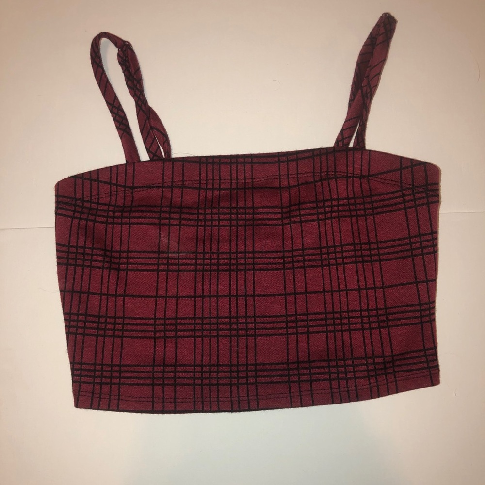 Plad Black and Burgundy Spaghetti Strap Crop Top